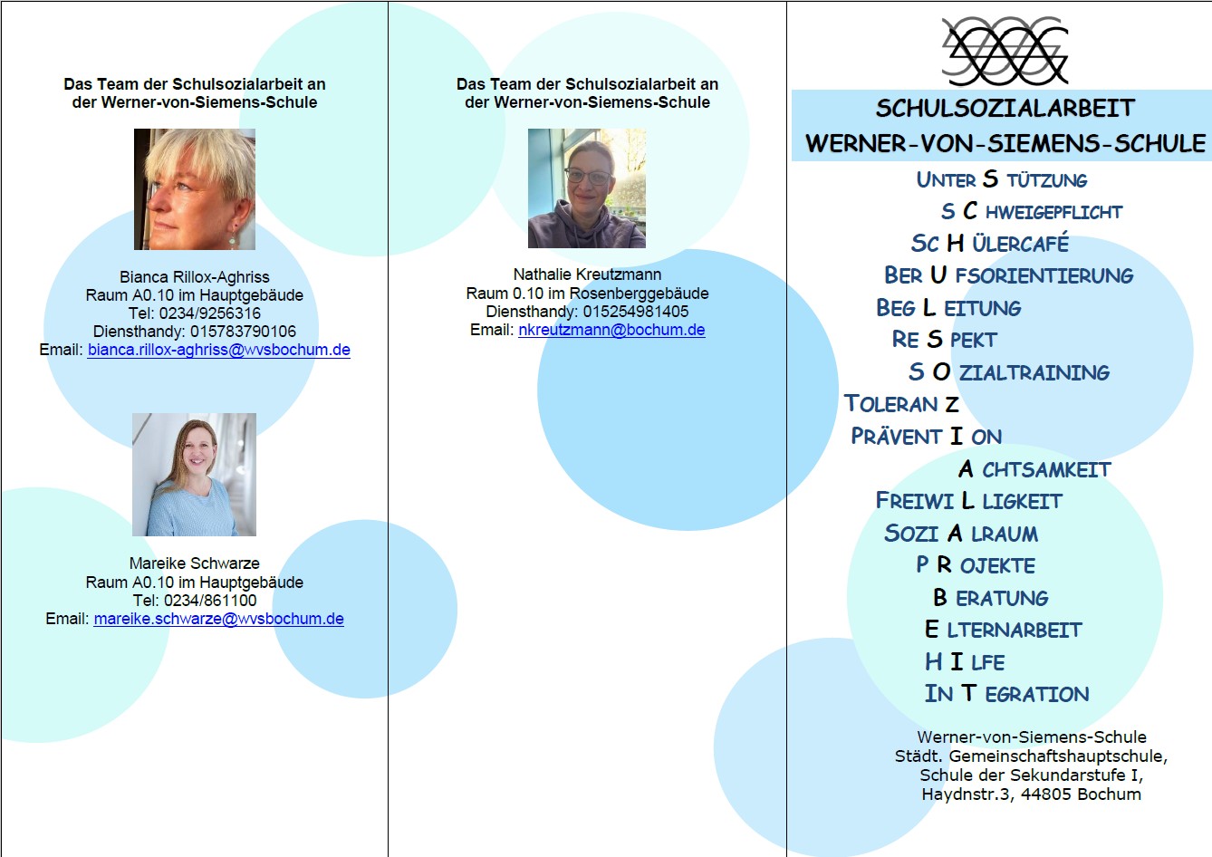 Flyer der Schulsozialarbeit mit dem Team und den Kontaktdaten
